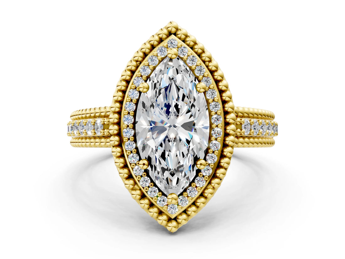 Yellow gold Marquise Cut Halo Diamond Ring with Beaded Split Shank and Four-Prong Setting_9