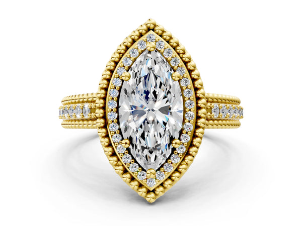 Yellow Gold Marquise Beaded Halo Engagement Ring Setting with Pave