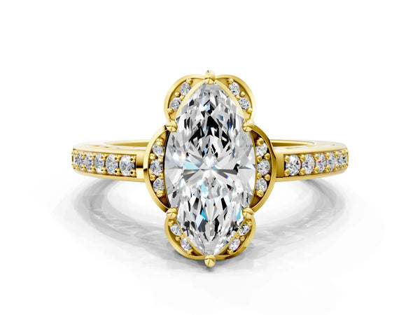 Yellow gold Marquise Cut Halo Diamond Ring with Channel Set Band and Four-Prong Setting