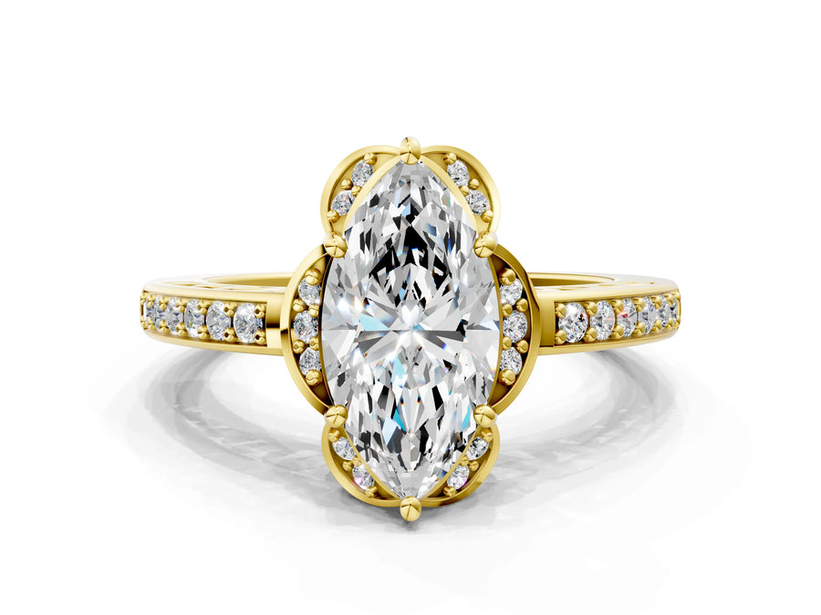 Yellow gold Marquise Cut Halo Diamond Ring with Channel Set Band and Four-Prong Setting