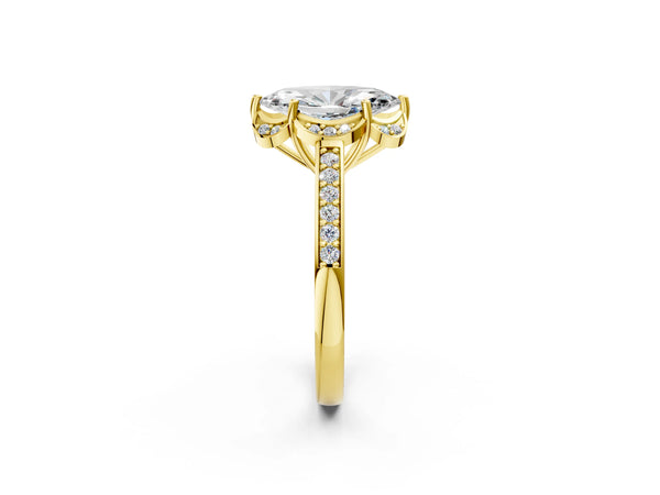 Yellow gold Marquise Cut Halo Diamond Ring with Channel Set Band and Four-Prong Setting