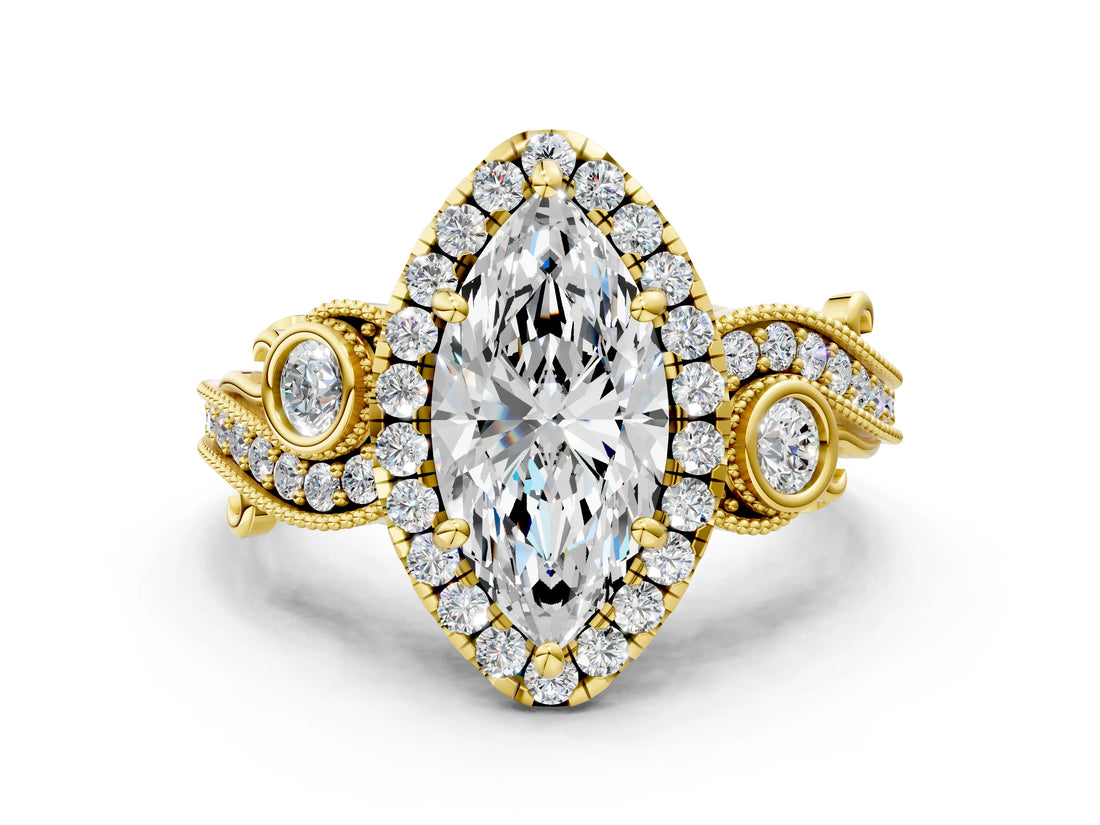 Yellow gold Marquise Cut Halo Diamond Ring with Milgrain and Bezel Accents on a Split Shank Band_17