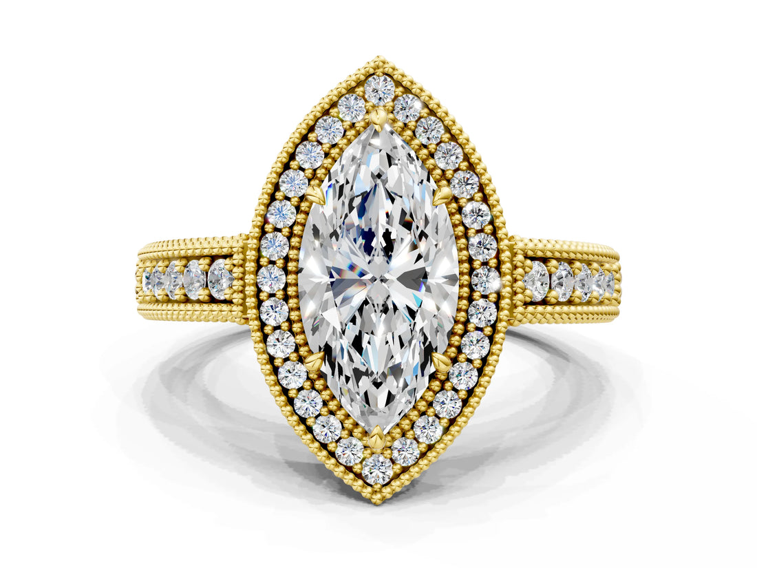 Yellow gold Marquise Cut Halo Diamond Ring with Pavé Band and Four-Prong Setting_81