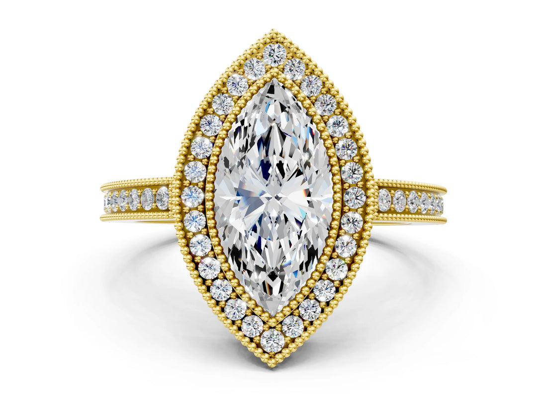 Yellow gold Marquise Cut Halo Diamond Ring with Pavé Band and Milgrain Prong Setting_32