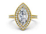 Yellow gold Marquise Cut Halo Diamond Ring with Pavé Band and Milgrain Prong Setting_32