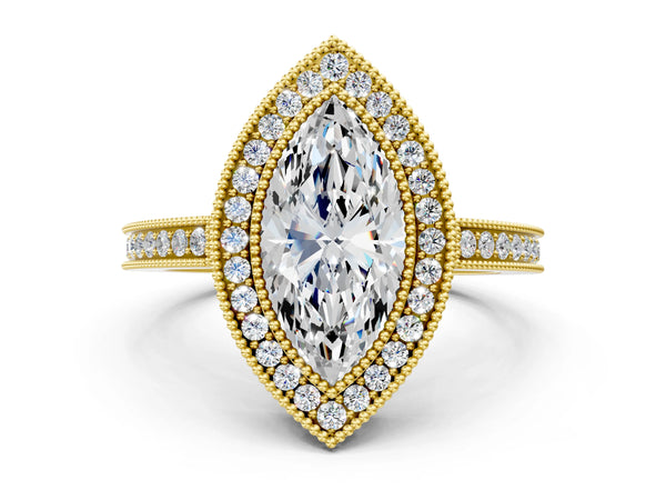 Yellow gold Marquise Cut Halo Diamond Ring with Pavé Band and Milgrain Prong Setting