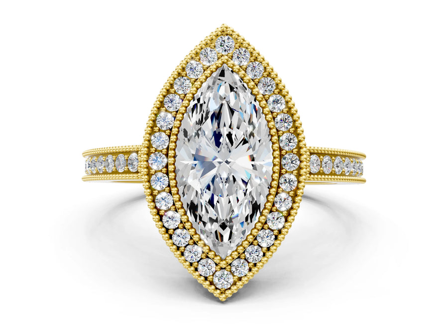 Yellow gold Marquise Cut Halo Diamond Ring with Pavé Band and Milgrain Prong Setting