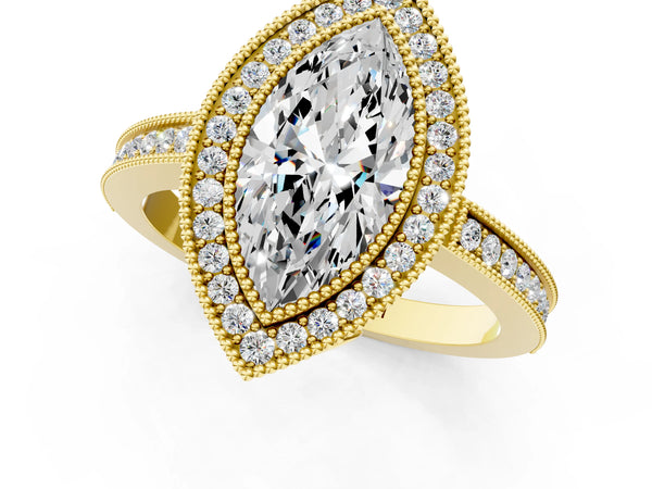 Yellow gold Marquise Cut Halo Diamond Ring with Pavé Band and Milgrain Prong Setting
