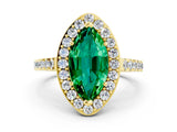 Yellow gold Marquise Cut Halo Diamond Ring with Pavé Band and Three-Prong Setting
