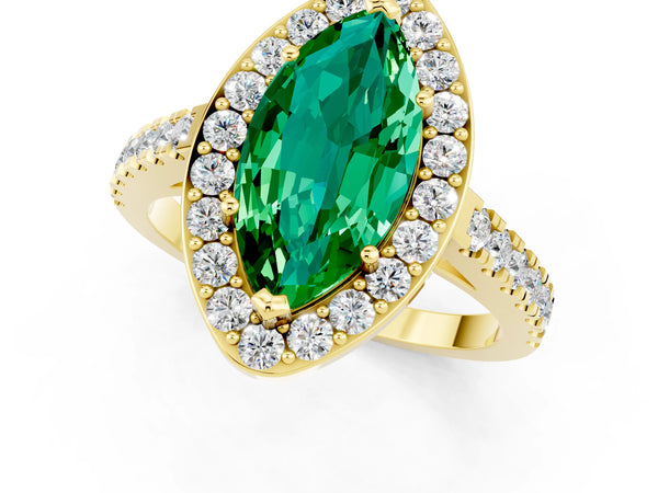 Yellow gold Marquise Cut Emerald Halo Ring with Round Pavé Split Shank and Prong Setting
