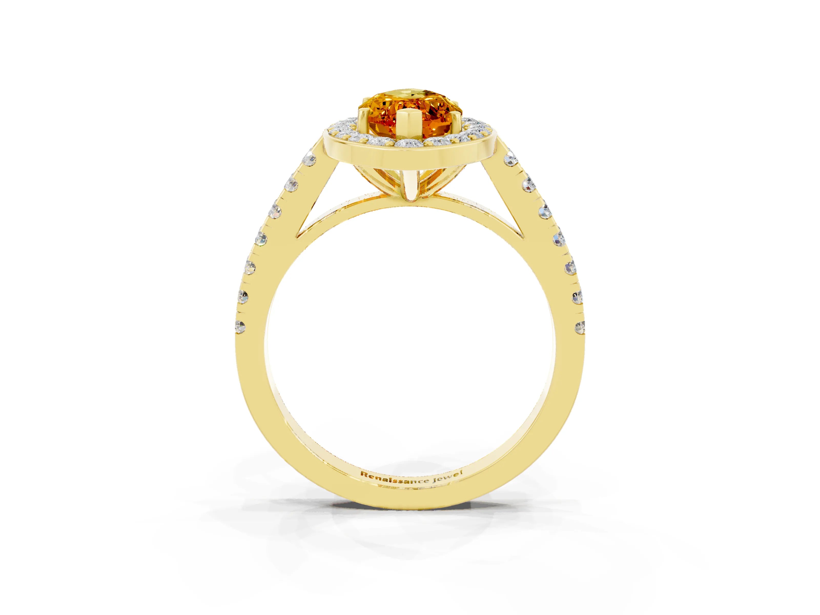 Yellow gold Marquise Cut Halo Diamond Ring with Pavé Band and Three-Prong Setting_11