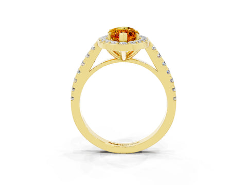 Yellow gold Marquise Cut Halo Diamond Ring with Pavé Band and Three-Prong Setting_11