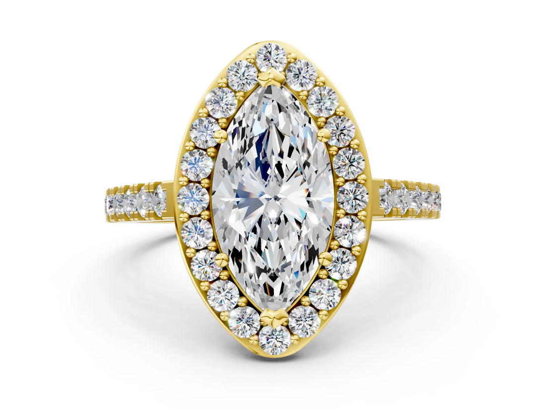 Yellow gold Marquise Cut Halo Diamond Ring with Pavé Band and Three-Prong Setting_12
