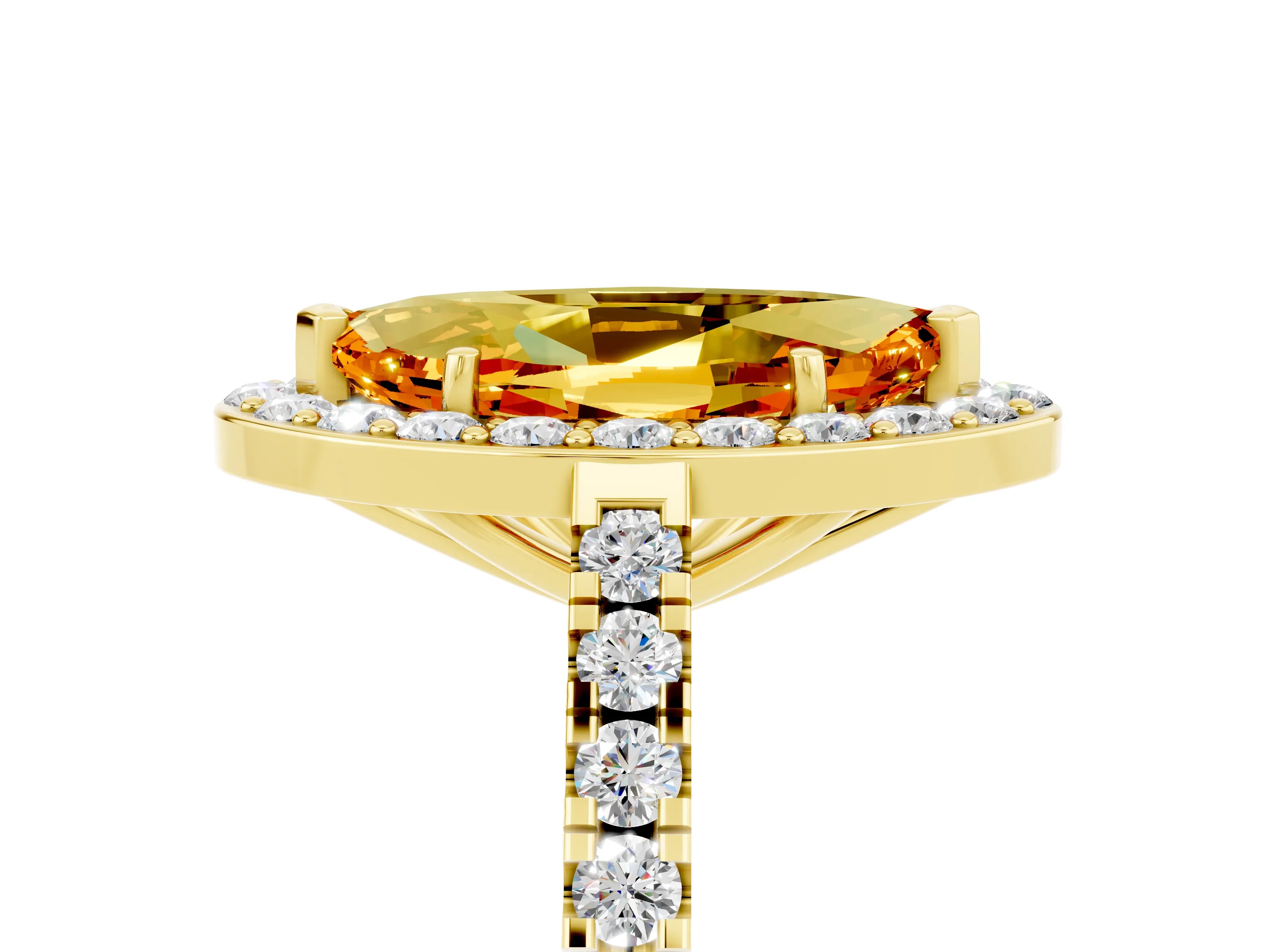 Yellow gold Marquise Cut Halo Diamond Ring with Pavé Band and Three-Prong Setting_13