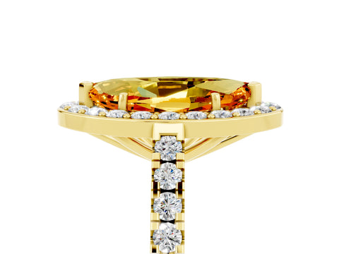 Yellow gold Marquise Cut Halo Diamond Ring with Pavé Band and Three-Prong Setting_13