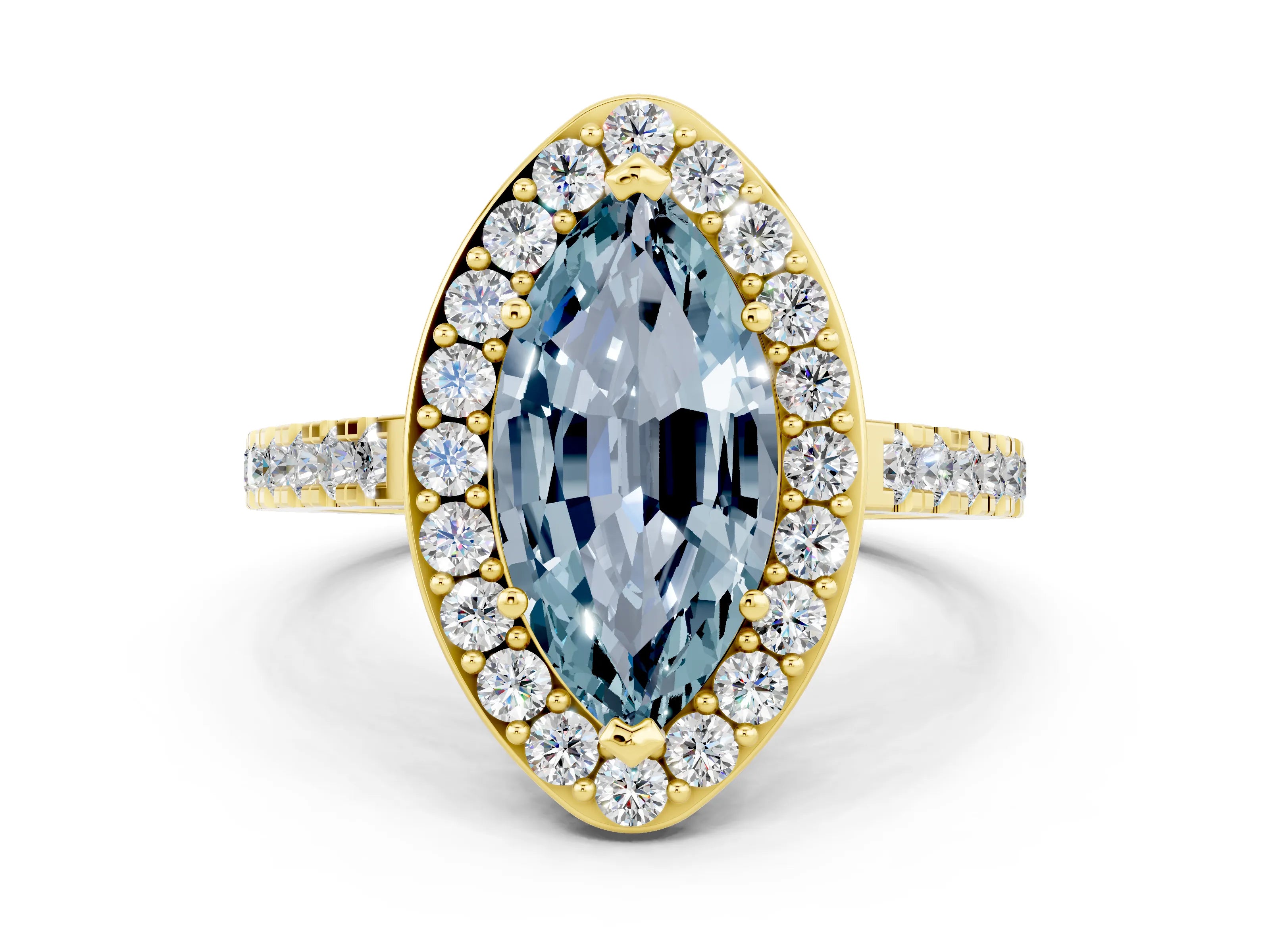 Yellow gold Marquise Cut Halo Diamond Ring with Pavé Band and Three-Prong Setting