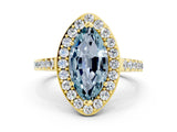 Yellow gold Marquise Cut Halo Diamond Ring with Pavé Band and Three-Prong Setting