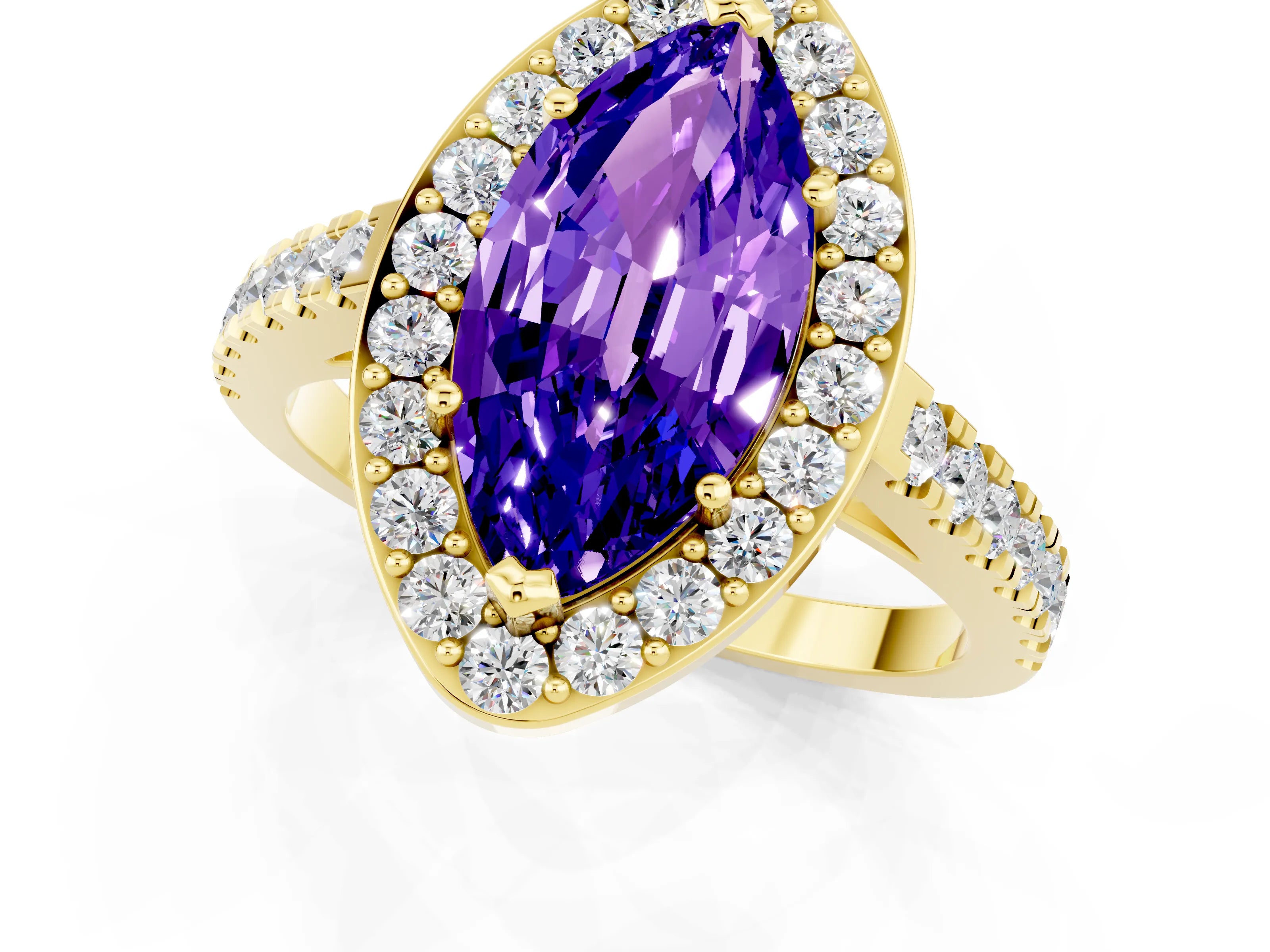 Yellow gold Marquise Cut Halo Diamond Ring with Pavé Band and Three-Prong Setting_1
