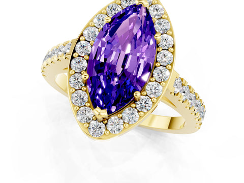 Yellow gold Marquise Cut Halo Diamond Ring with Pavé Band and Three-Prong Setting_1