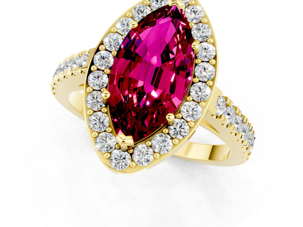 Yellow gold Marquise Cut Garnet Halo Ring with Round Pavé Split Shank and Prong Setting
