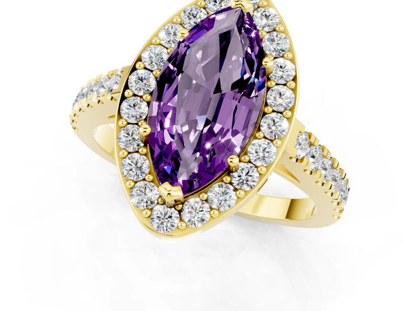 Yellow gold Marquise Cut Amethyst Halo Ring with Round Pavé Split Shank and Prong Setting