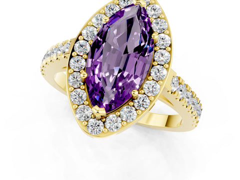 Yellow gold Marquise Cut Halo Diamond Ring with Pavé Band and Three-Prong Setting_1