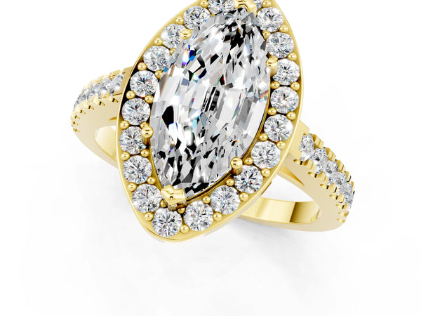 Yellow gold Marquise Cut Moissanite Halo Ring with Round Pavé Split Shank and Prong Setting