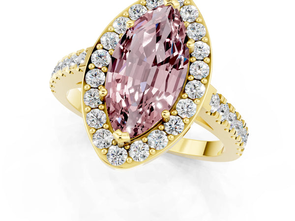 Yellow gold Marquise Cut Halo Diamond Ring with Pavé Band and Three-Prong Setting