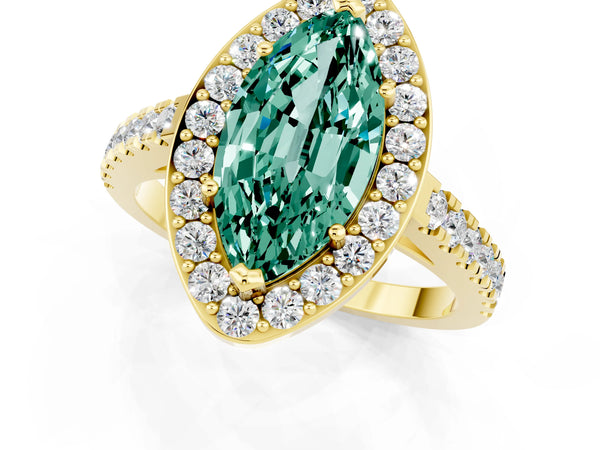 Yellow gold Marquise Cut Green Sapphire Halo Ring with Round Pavé Split Shank and Prong Setting