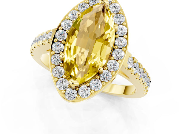 Yellow gold Marquise Cut Yellow Sapphire Halo Ring with Round Pavé Split Shank and Prong Setting