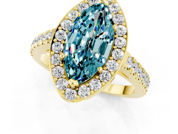Yellow gold Marquise Cut Halo Diamond Ring with Pavé Band and Three-Prong Setting