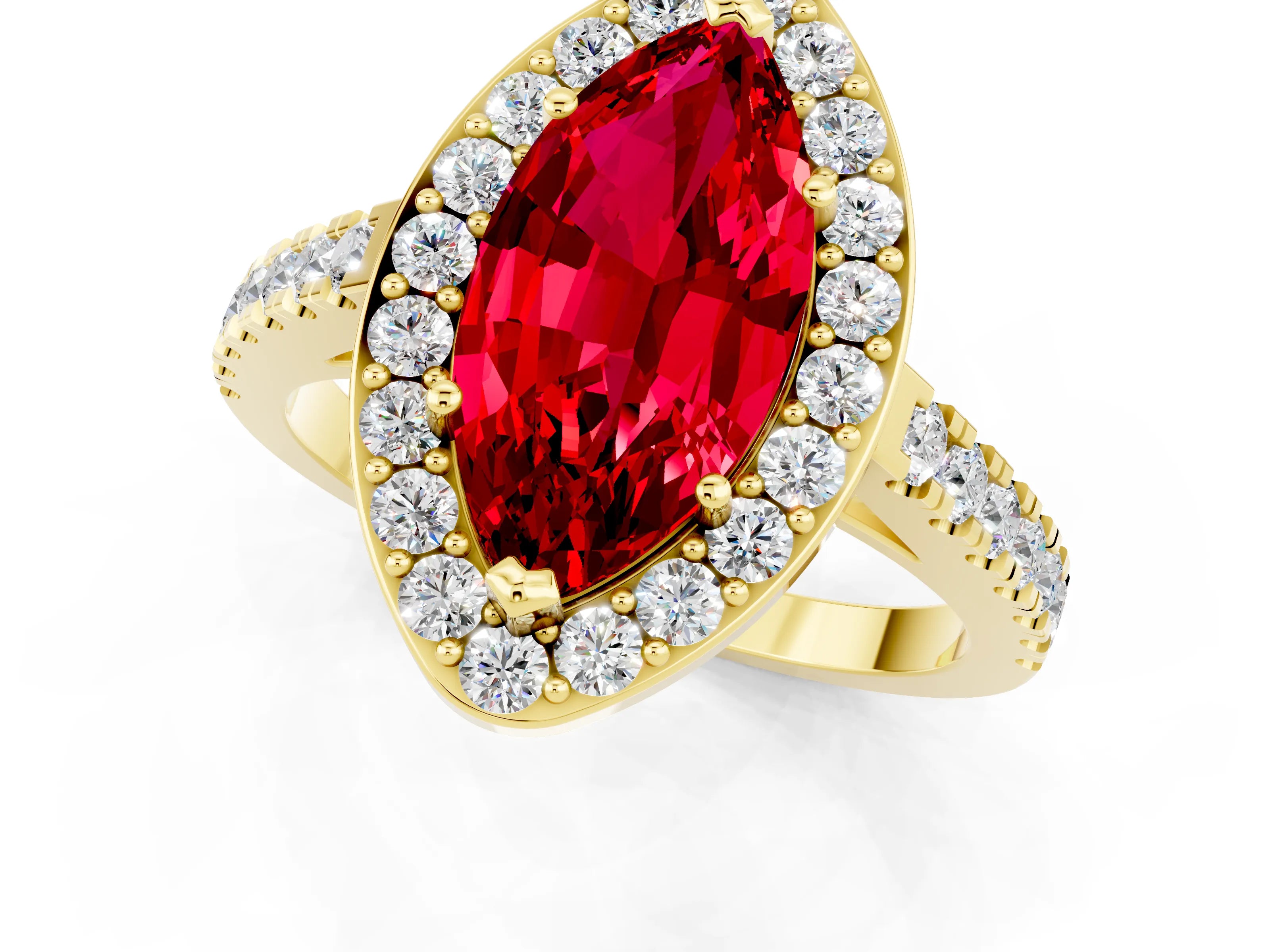 Yellow gold Marquise Cut Halo Diamond Ring with Pavé Band and Three-Prong Setting_1