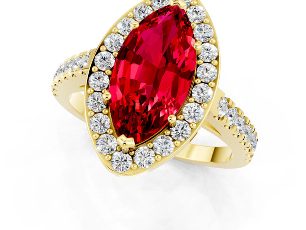 Yellow gold Marquise Cut Ruby Halo Ring with Round Pavé Split Shank and Prong Setting