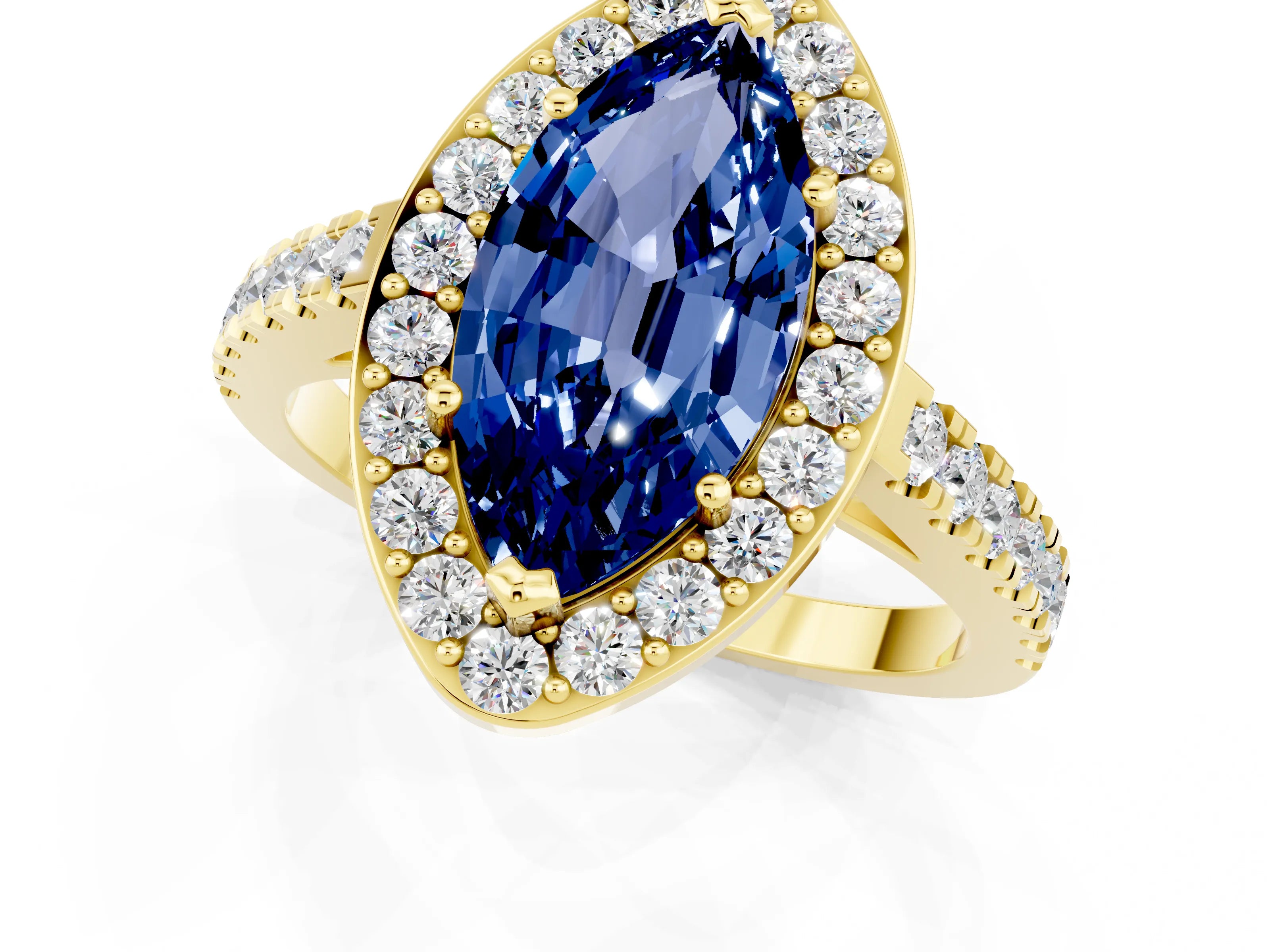Yellow gold Marquise Cut Halo Diamond Ring with Pavé Band and Three-Prong Setting_1