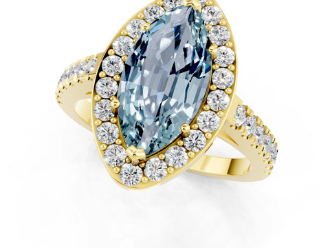 Yellow gold Marquise Cut Halo Diamond Ring with Pavé Band and Three-Prong Setting_1