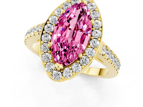 Yellow gold Marquise Cut Halo Diamond Ring with Pavé Band and Three-Prong Setting_1