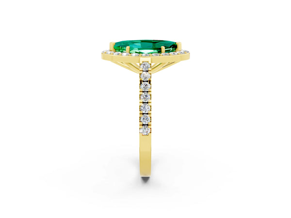 Yellow gold Marquise Cut Emerald Halo Ring with Round Pavé Split Shank and Prong Setting