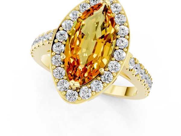 Yellow gold Marquise Cut Citrine Halo Ring with Round Pavé Split Shank and Prong Setting