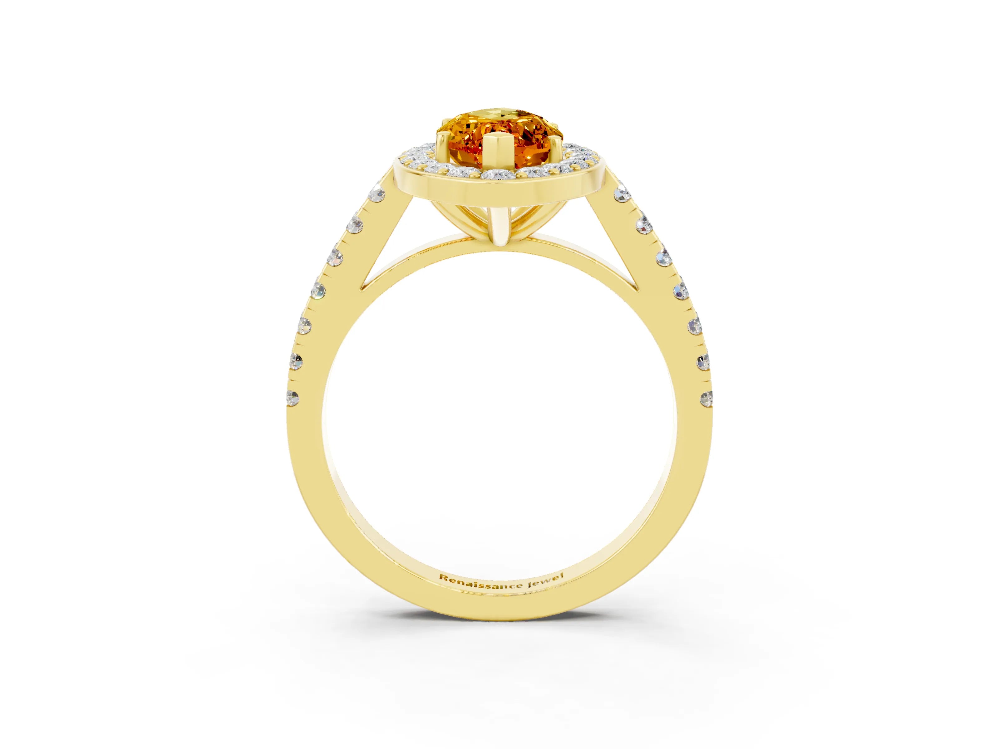 Yellow gold Marquise Cut Halo Diamond Ring with Pavé Band and Three-Prong Setting_23