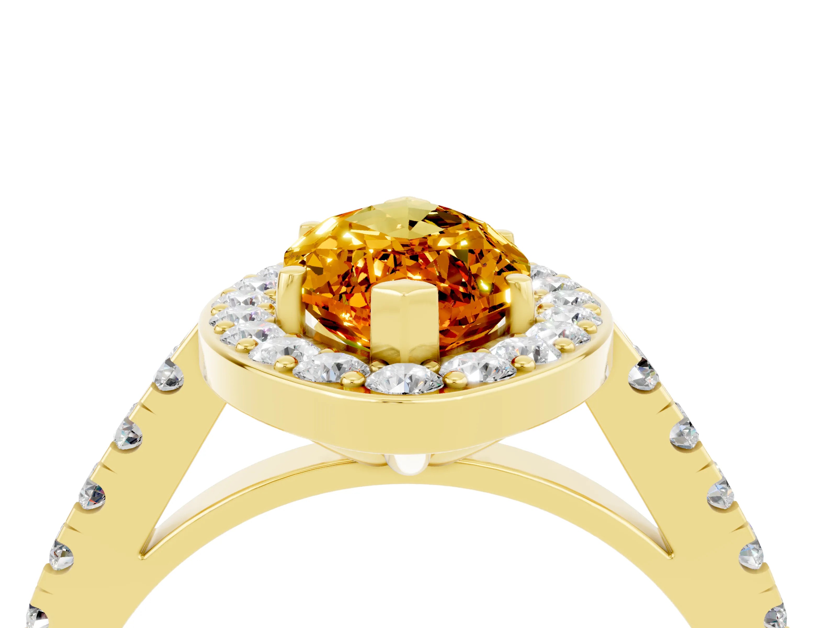 Yellow gold Marquise Cut Halo Diamond Ring with Pavé Band and Three-Prong Setting_24