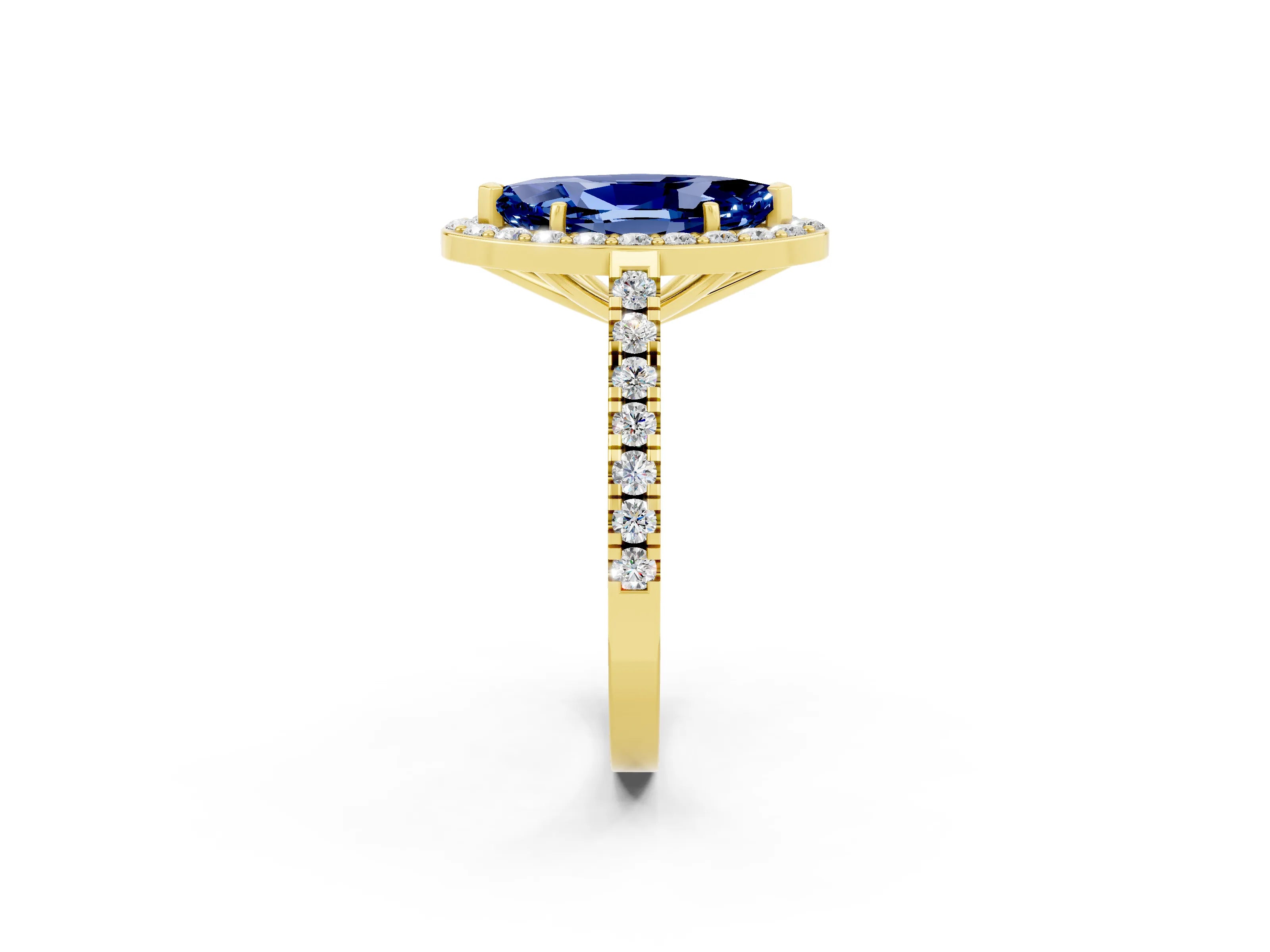 Yellow gold Marquise Cut Halo Diamond Ring with Pavé Band and Three-Prong Setting_2
