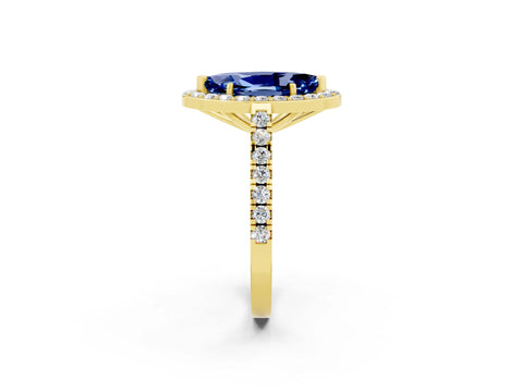 Yellow gold Marquise Cut Halo Diamond Ring with Pavé Band and Three-Prong Setting_2
