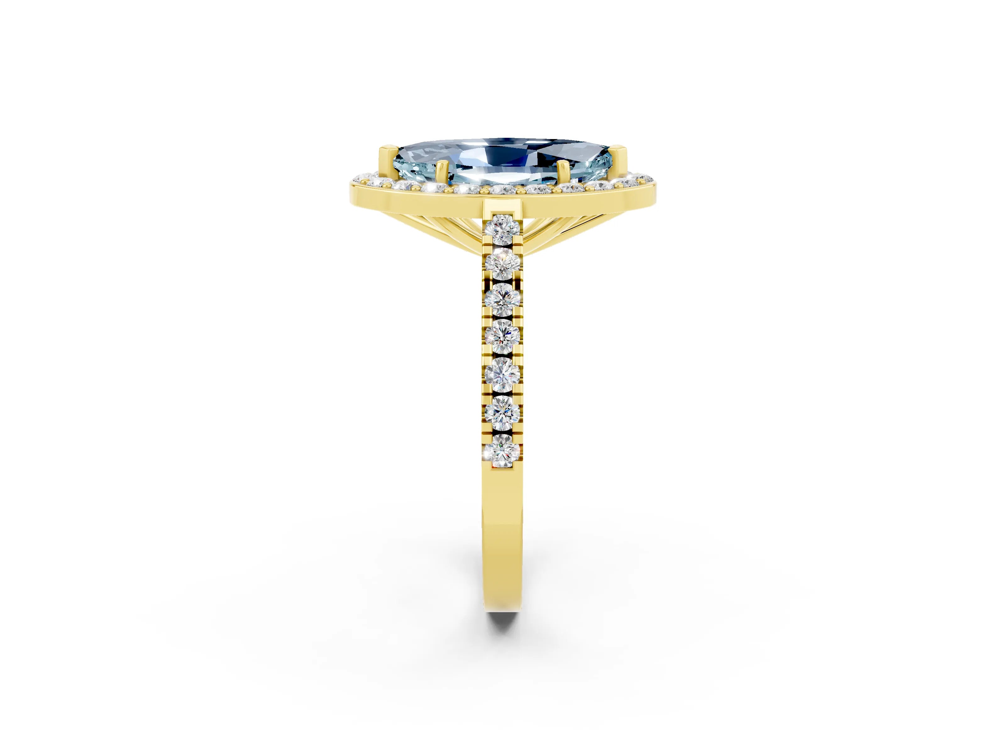 Yellow gold Marquise Cut Halo Diamond Ring with Pavé Band and Three-Prong Setting_2