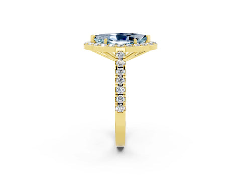 Yellow gold Marquise Cut Halo Diamond Ring with Pavé Band and Three-Prong Setting_2