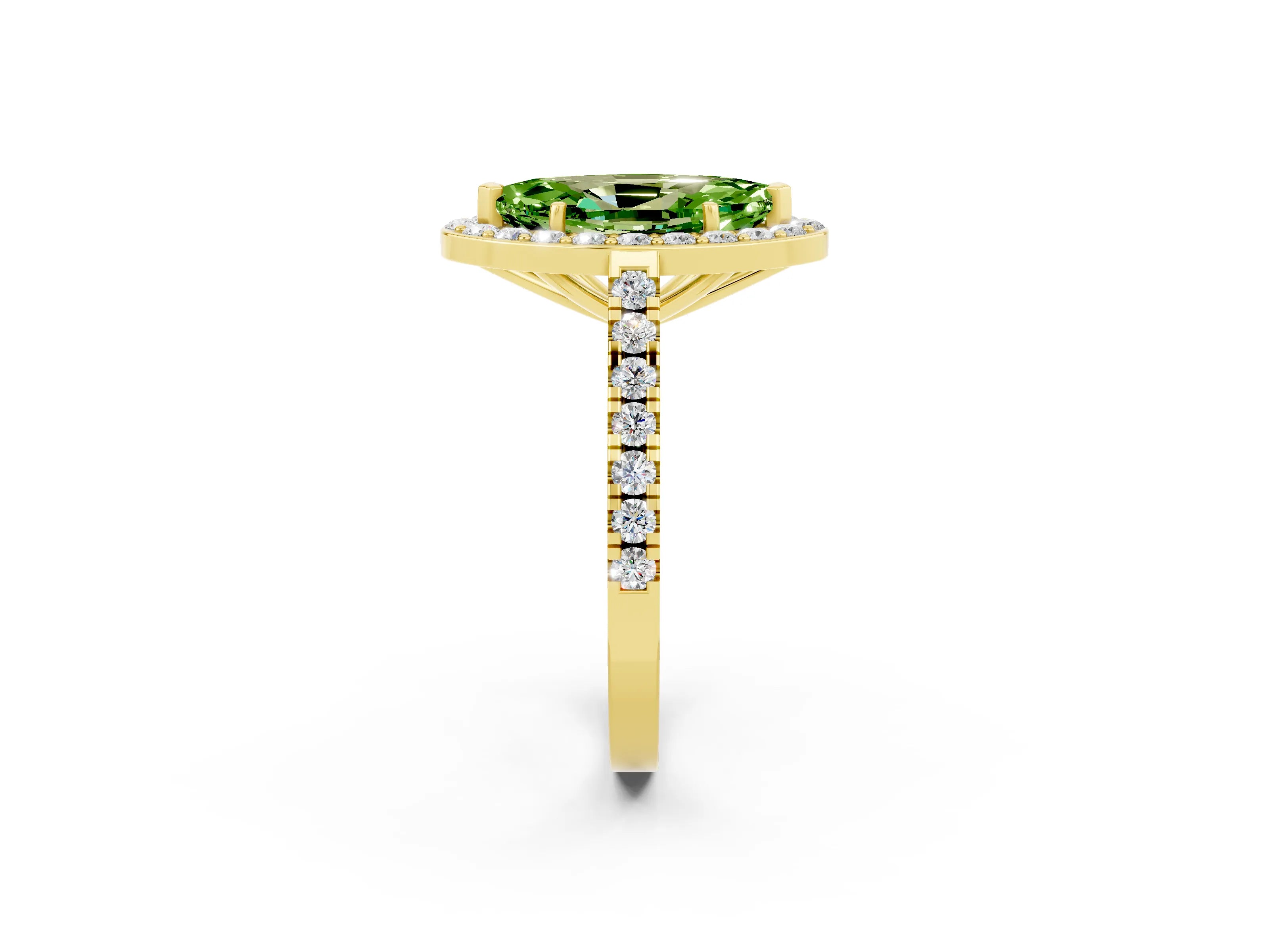 Yellow gold Marquise Cut Halo Diamond Ring with Pavé Band and Three-Prong Setting_2