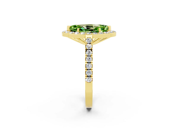 Yellow gold Marquise Cut Halo Diamond Ring with Pavé Band and Three-Prong Setting