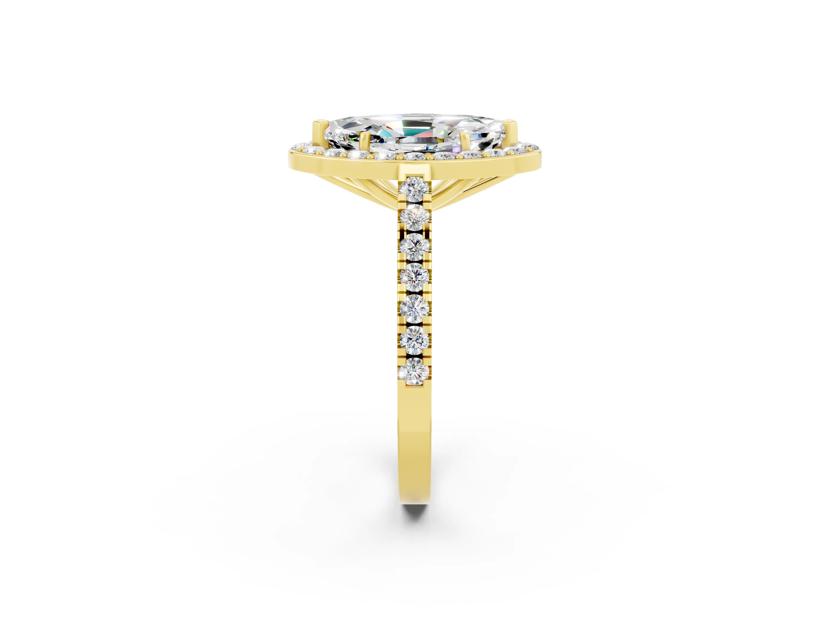 Yellow gold Marquise Cut Halo Diamond Ring with Pavé Band and Three-Prong Setting_2