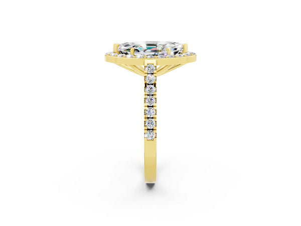 Yellow gold Marquise Cut Moissanite Halo Ring with Round Pavé Split Shank and Prong Setting
