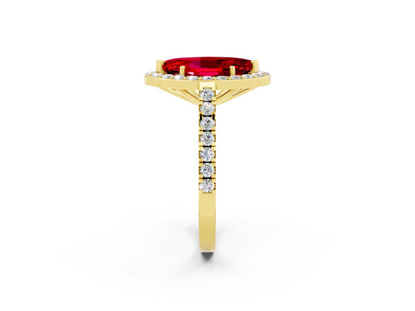 Yellow gold Marquise Cut Ruby Halo Ring with Round Pavé Split Shank and Prong Setting