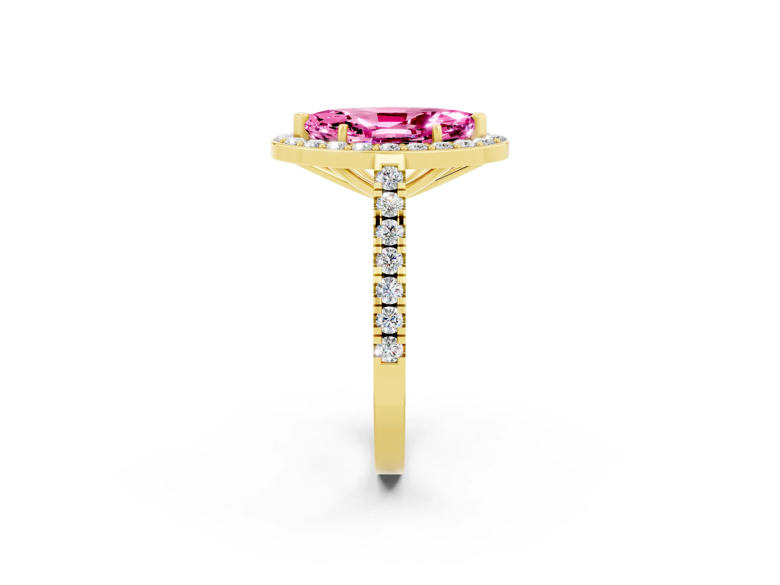 Yellow gold Marquise Cut Halo Diamond Ring with Pavé Band and Three-Prong Setting_2